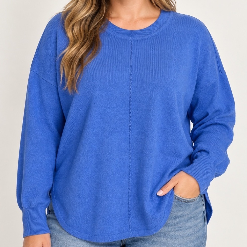 Max Studio XL Cobalt Blue Rayon Nylon Knit Sweater Oversized High Low Pullover
